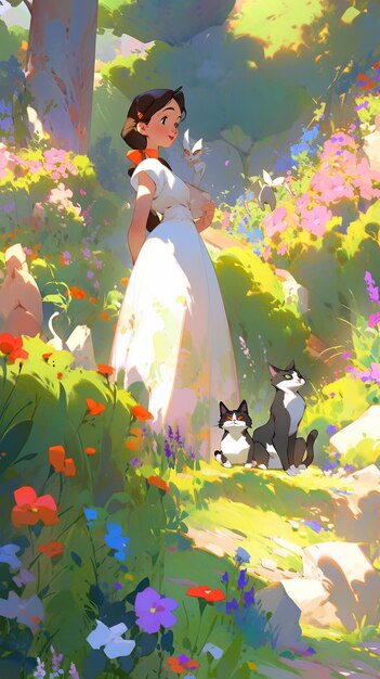 There is a woman in a white dress standing in a field with a cat generative ai