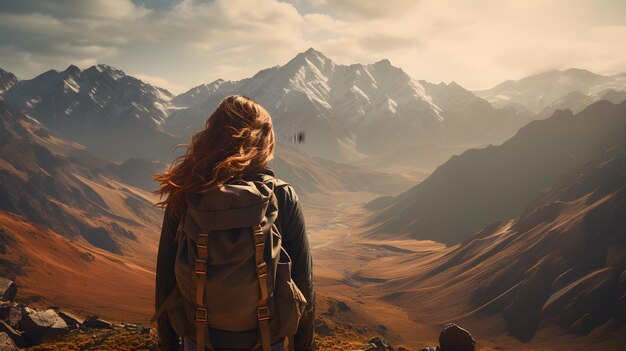 there is a woman with a backpack looking at a mountain range Generative AI