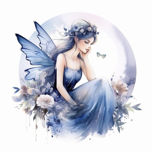 there is a woman with a blue dress and butterfly wings generative ai