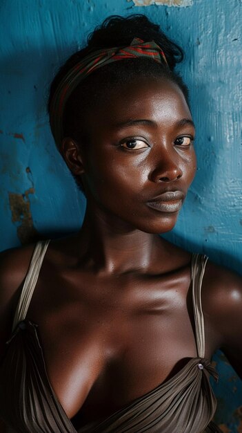 there is a woman with a brown dress and a blue wall generative ai