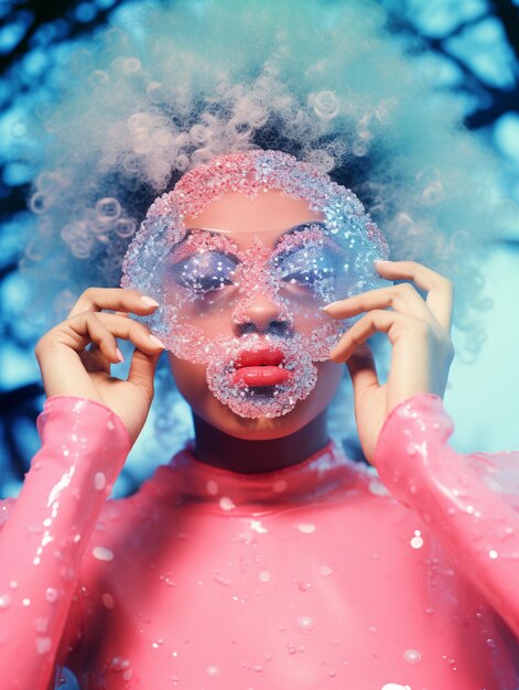 There is a woman with a bubble on her face and a pink bodysuit generative ai