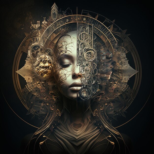 there is a woman with a clock face and a gold face generative ai