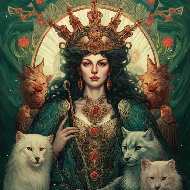 there is a woman with a crown and cats on her lap generative ai