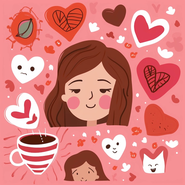 There is a woman with a cup of coffee surrounded by hearts generative ai