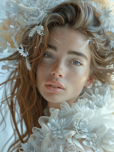 Photo there is a woman with freckles and a flower in her hair generative ai