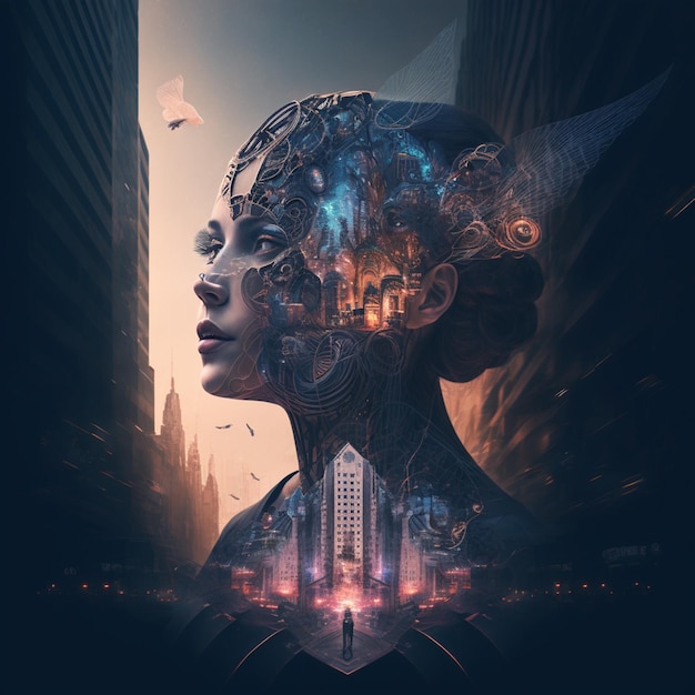 there is a woman with a futuristic head and a city in the background generative ai