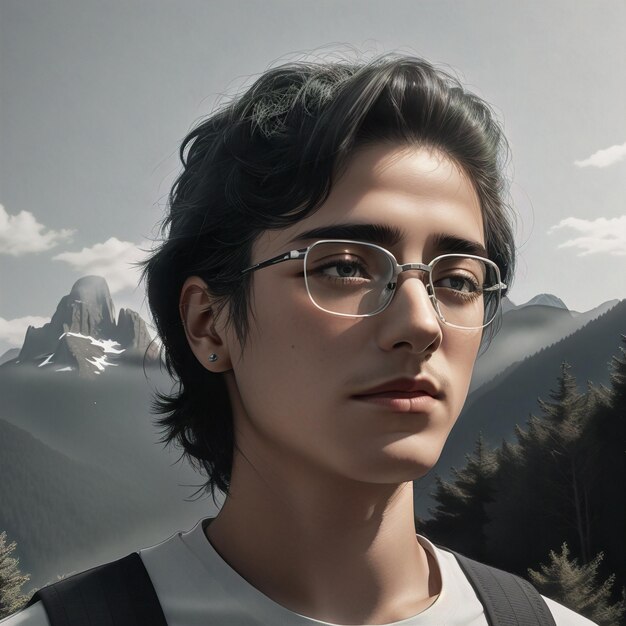 there is a woman with glasses standing in front of a mountain