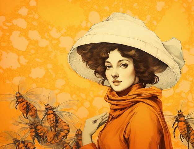 There is a woman with a hat and scarf holding a bunch of bees generative ai