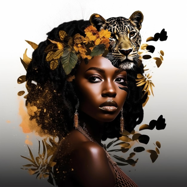 There is a woman with a leopard on her head and a leopard on her head generative ai