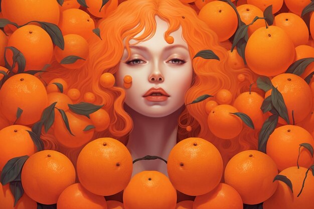 There is a woman with oranges all over her head generative ai