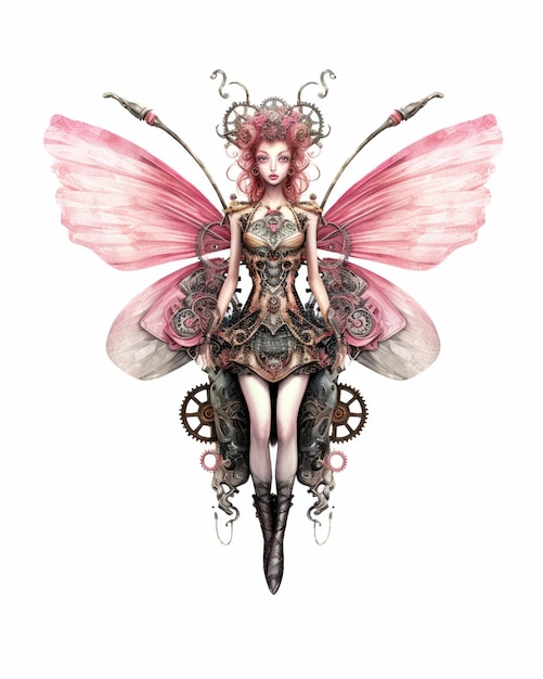 There is a woman with a pink dress and a butterfly wings generative ai