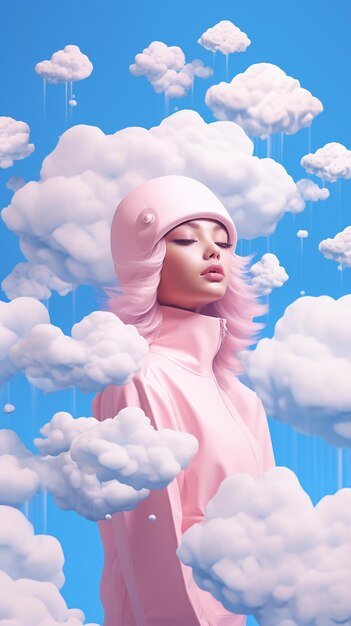 There is a woman with pink hair and a pink hat in the clouds generative ai