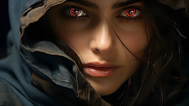 there is a woman with red eyes and a hood on Generative AI