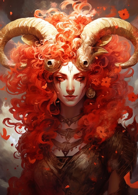 There is a woman with red hair and horns on her head generative ai