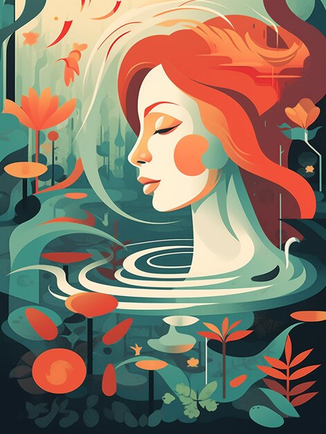 В пруду с водой есть женщина с рыжими волосами, генерирующий искусственный интеллект