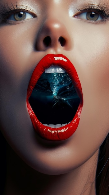 Photo there is a woman with a red lip and a broken glass in her mouth generative ai
