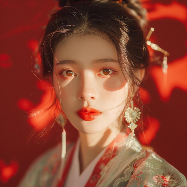 there is a woman with a red lipstick and a kimono generative ai