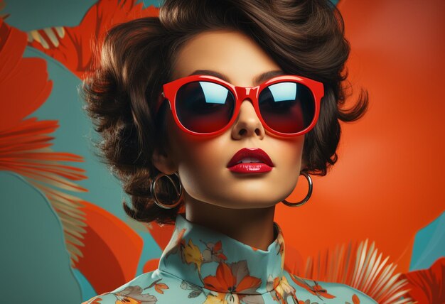 There is a woman with red sunglasses and a floral shirt generative ai