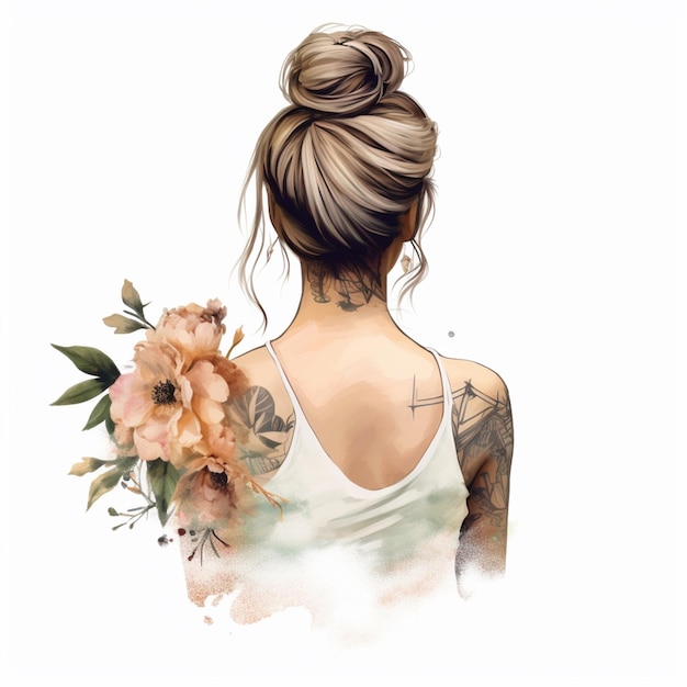 there is a woman with a tattoo on her back holding a flower generative ai