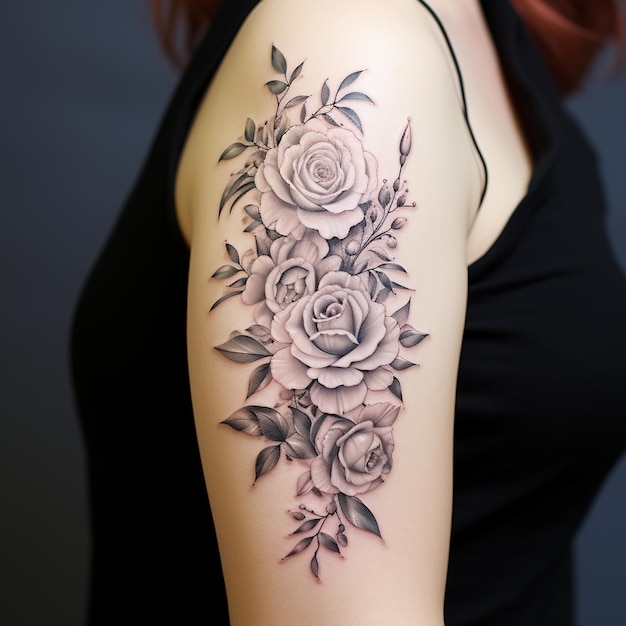 Photo there is a woman with a tattoo of roses on her arm generative ai