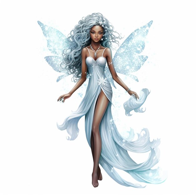 there is a woman with a white dress and a blue fairy wings generative ai