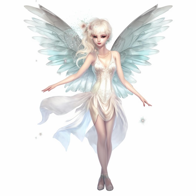 there is a woman with a white dress and wings on a white background generative ai