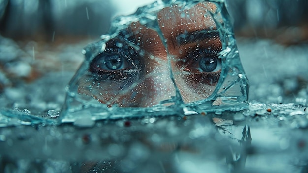 Foto c'è la faccia di una donna dietro un blocco di vetro rotto.