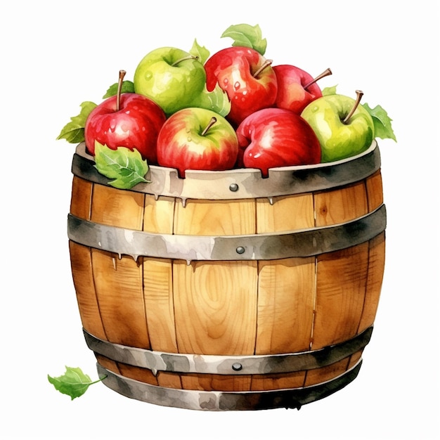Photo there is a wooden barrel filled with apples and green leaves generative ai