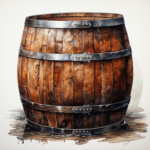 there is a wooden barrel with metal straps on it generative ai