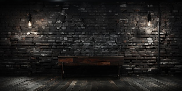 There is a wooden bench in a dark room with brick walls generative ai