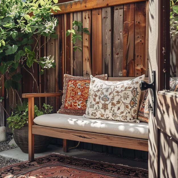 Photo there is a wooden bench with pillows on it in a backyard generative ai