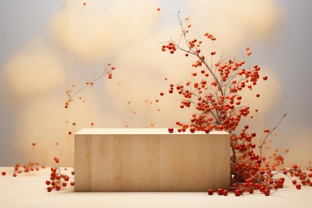 There is a wooden block with berries on it on a table generative ai