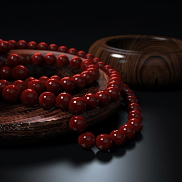 赤いビーズのネックレスが付いた木製のボウルがあります。生成 AI