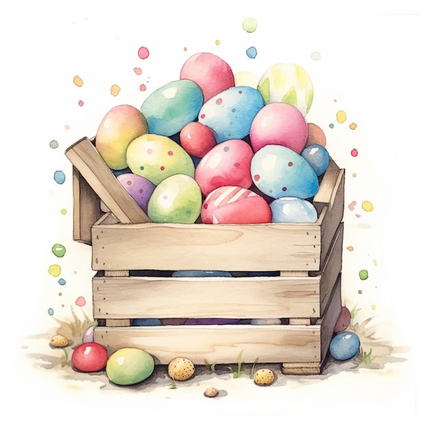 There is a wooden box filled with colorful eggs on the ground generative ai