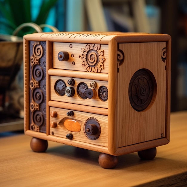 there is a wooden box with a clock on top of it generative ai