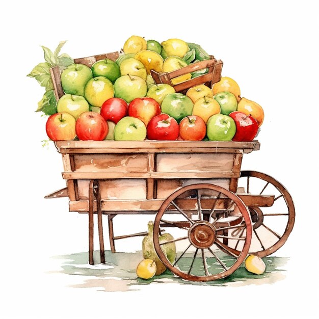 there is a wooden cart filled with apples and pears generative ai