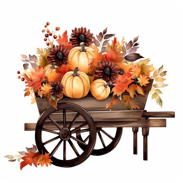 There is a wooden cart with pumpkins and flowers in it generative ai