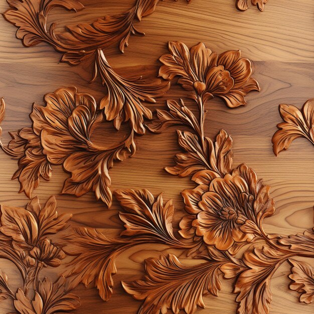 Photo there is a wooden carving of flowers and leaves on a table generative ai