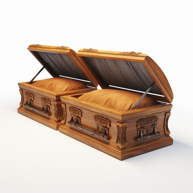 There is a wooden casket with a lid open on a white surface generative ai