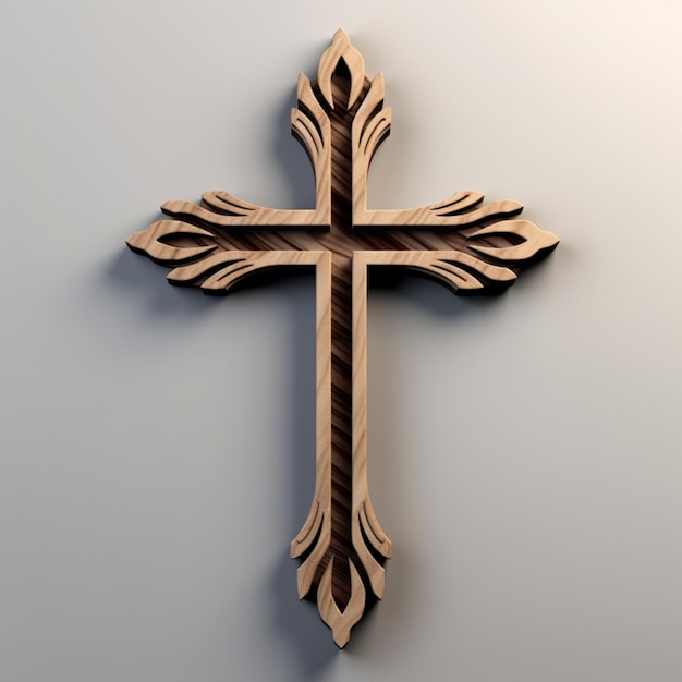 There is a wooden cross on a wall with a white background generative ai