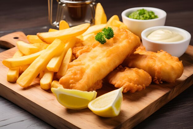 there is a wooden cutting board with fish and chips and a lemon wedge Generative AI