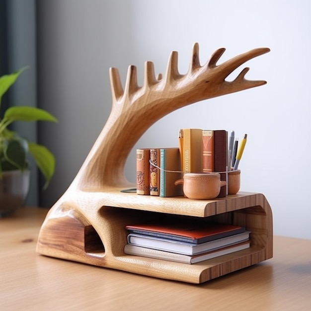 there is a wooden desk with a book holder and a plant generative ai