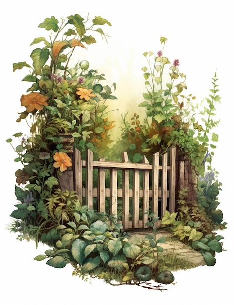 there is a wooden fence surrounded by plants and flowers generative ai