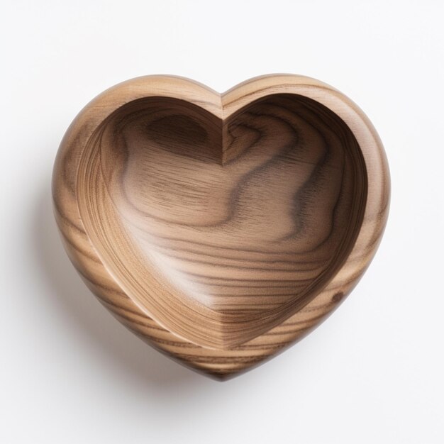 there is a wooden heart shaped bowl on a white surface generative ai