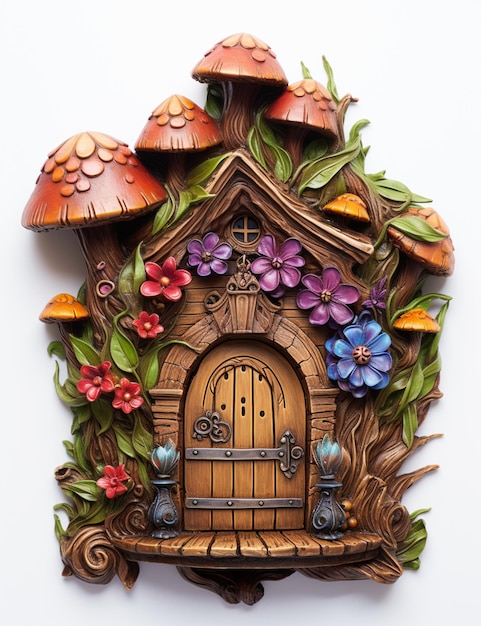 Photo there is a wooden house with a door and flowers on it generative ai