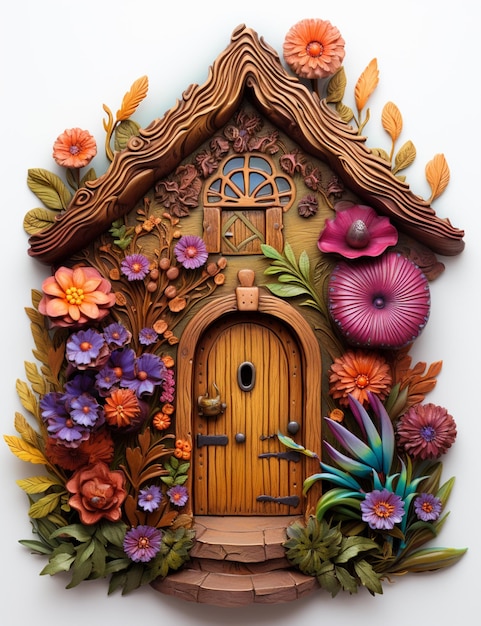 there is a wooden house with a door and flowers on it generative ai