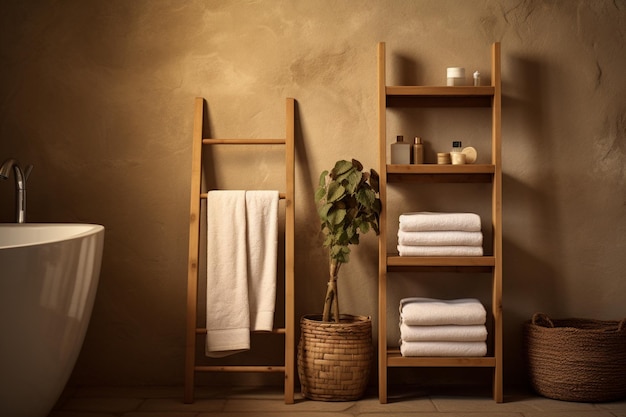 there is a wooden ladder next to a bathtub and a plant generative ai