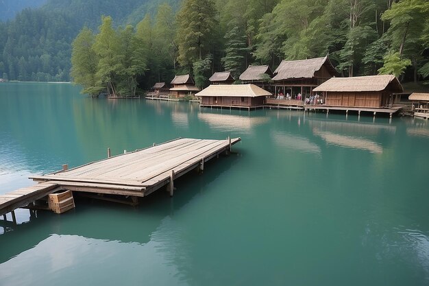 There is a wooden pier on the lake to which tourists tie the boat