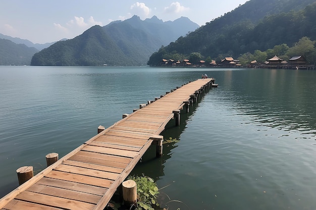 There is a wooden pier on the lake to which tourists tie the boat