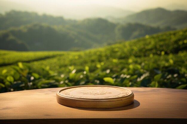 There is a wooden plate on a table in front of a field generative ai